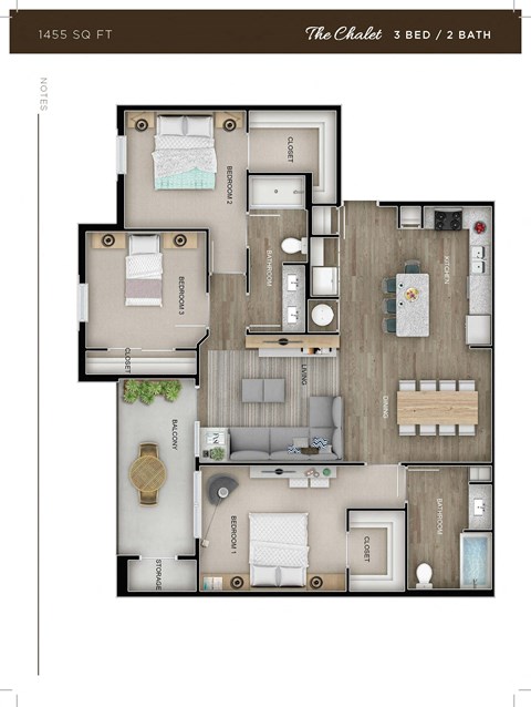 Floor plan for 3 beds, 2 baths, 1454 sqft